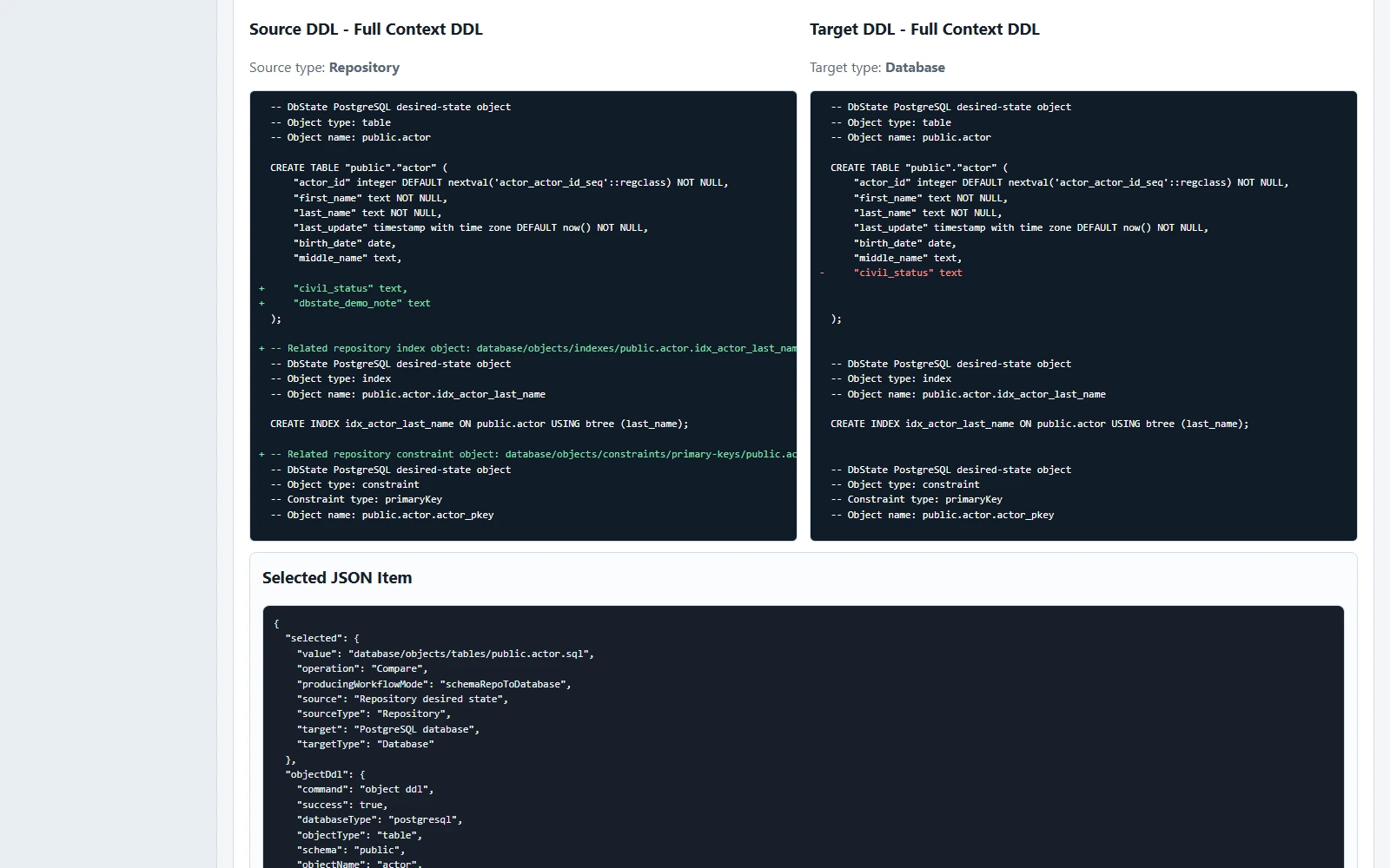 DbState Object Diff screen comparing repository and database DDL for public.actor, with the repository-only dbstate_demo_note text column visible.